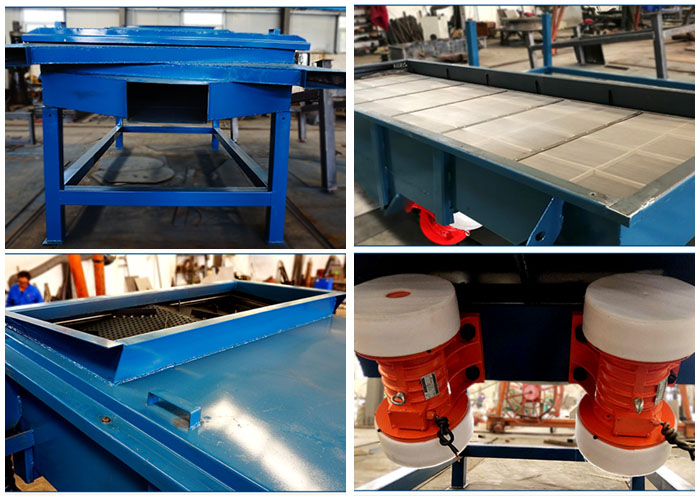 方形振動篩出料口，篩網和網架，進料口，振動電機等細節展示。