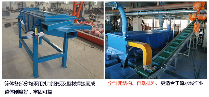 直線篩分機(jī)篩體各部分均采用扎制鋼板及型材焊接而成整體剛度好，牢固可靠；全封閉結(jié)構(gòu)、自動排料、更適合于流水線作業(yè)。