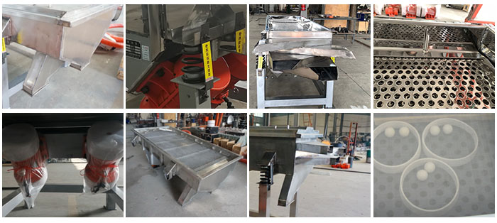 不銹鋼直線篩不同定制出料口，電機，篩網，篩箱，彈跳球等部件細節展示