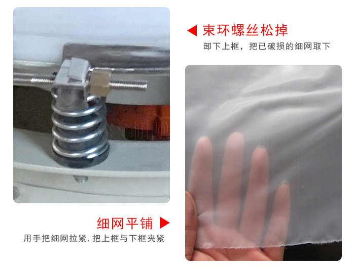 換網步驟：先松開束環，把新的細網平鋪在網架上繃緊