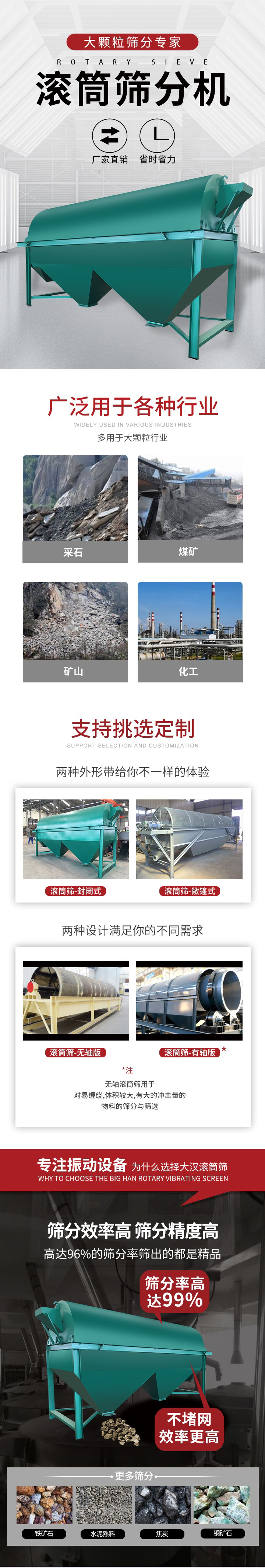 滾筒篩分機(jī)大顆粒篩分專家：廠家直銷，省時省力。滾筒篩被廣泛應(yīng)用各種行業(yè)：多用于大顆粒行業(yè)例如：采石，煤礦，礦山，化工等。滾筒篩定制類型有哪些：封閉式與敞篷式產(chǎn)品結(jié)構(gòu)分為：無軸式，有軸式兩種，無軸滾筒篩用于對纏繞，體積較大，有大的沖擊量的物料的篩分與篩選。滾筒篩篩分效率高篩分精度能夠達(dá)到：96%也比較適用于鐵礦石，水泥熟料，焦炭，銅礦石。滾筒篩特點(diǎn)：不飛粉末：密封隔離罩，密封性好，工作過程不會出現(xiàn)飛粉現(xiàn)象。外型尺寸是按筒體長計(jì)