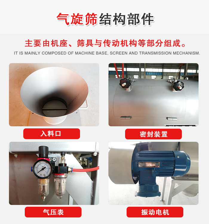 氣旋篩結構：入料口，密封裝置，電機，氣壓表等