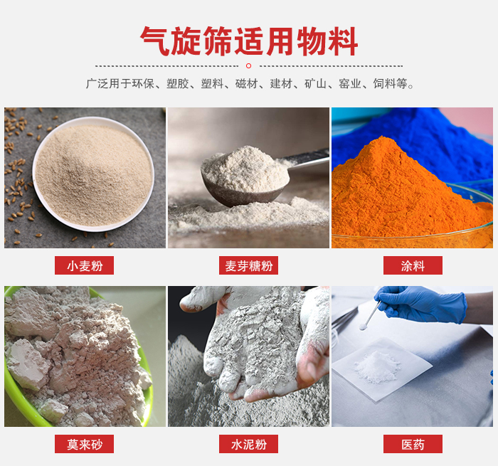 氣旋篩適用物料：小麥粉，麥芽糖粉，涂料，等粉狀物料。